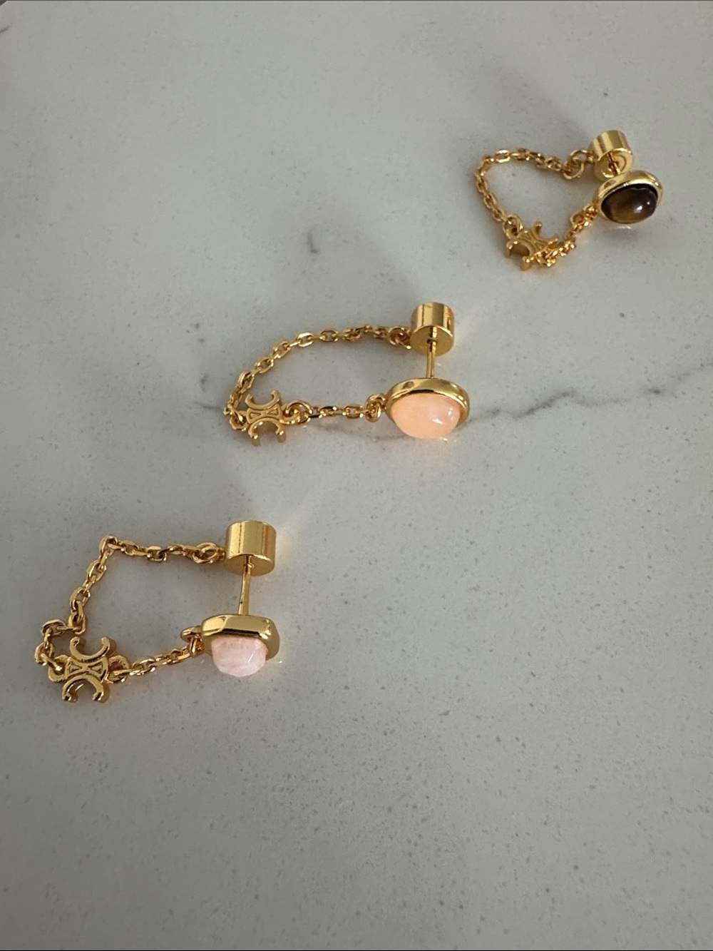 Celine Gold Chain Drop Earrings with Pink and Peach Stones